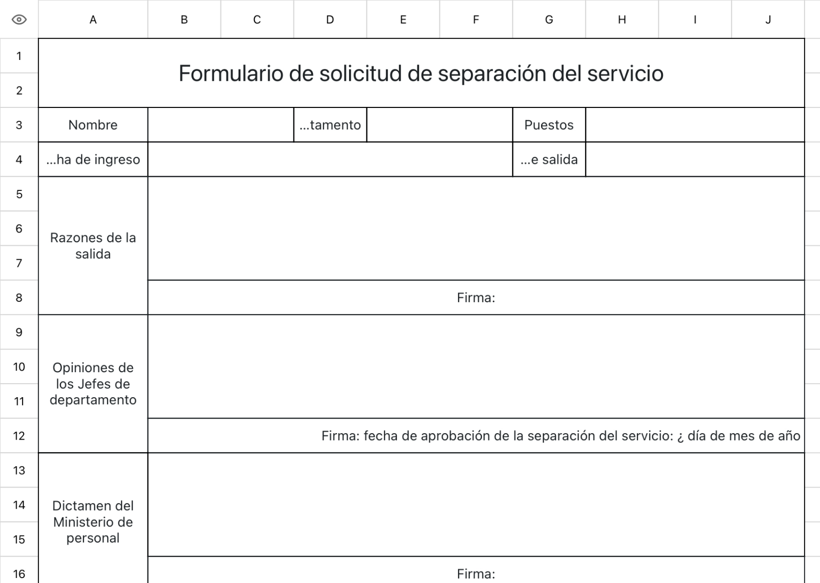 Formulario de solicitud de separación del servicio